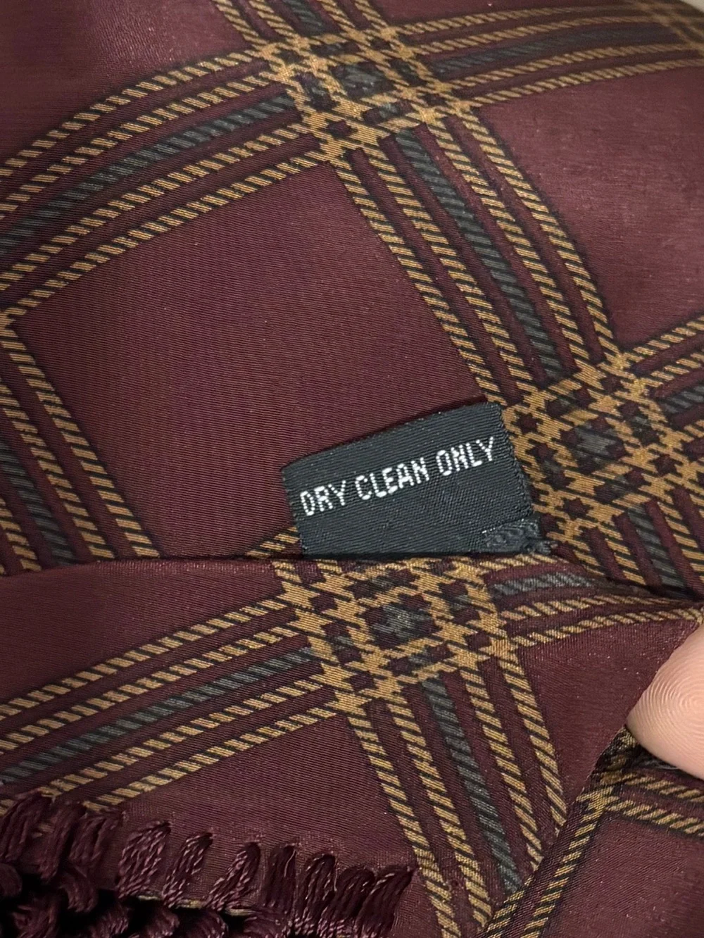 VTG DKNY Donna Karan New York 100% Silk Plaid Scarf Maroon Burgundy Fringe